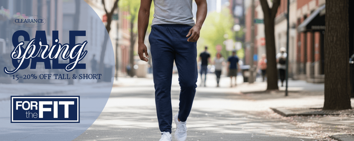 Shop sale styles: tall men’s clothing and short men’s clothing, modeled in pants with the correct inseam