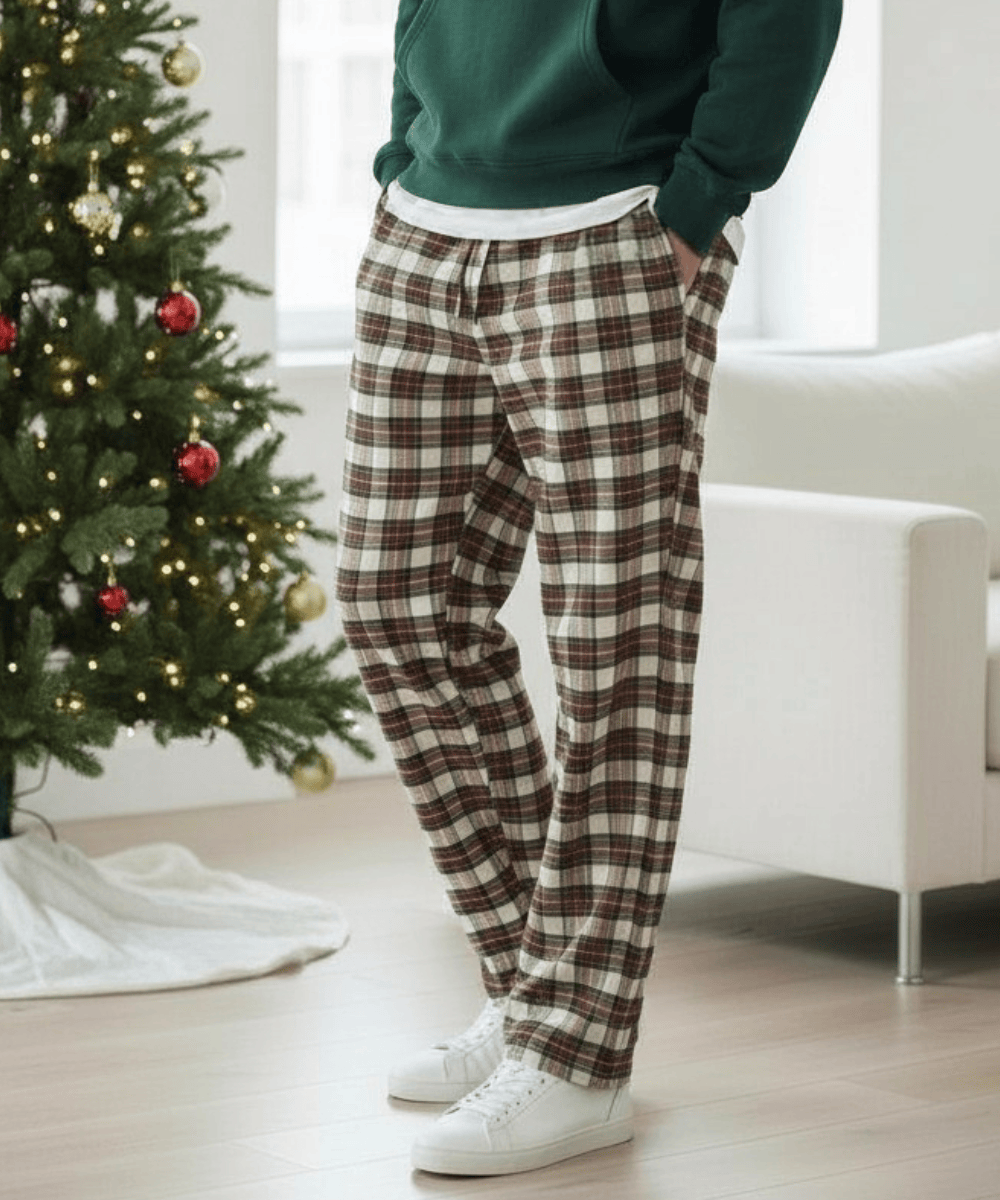 Short men’s Ivory Holiday plaid flannel pajama bottoms with short inseam fit