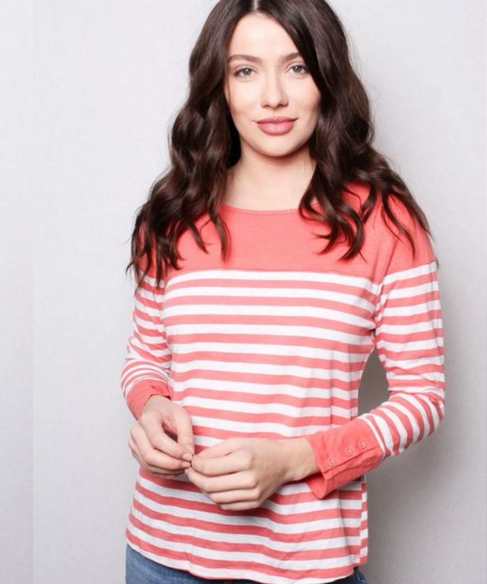 FORtheFIT Womens-petite-tops NEW Petite Women's Top - Women's Petite Round Neck Long Sleeve Striped Shirt - Coral