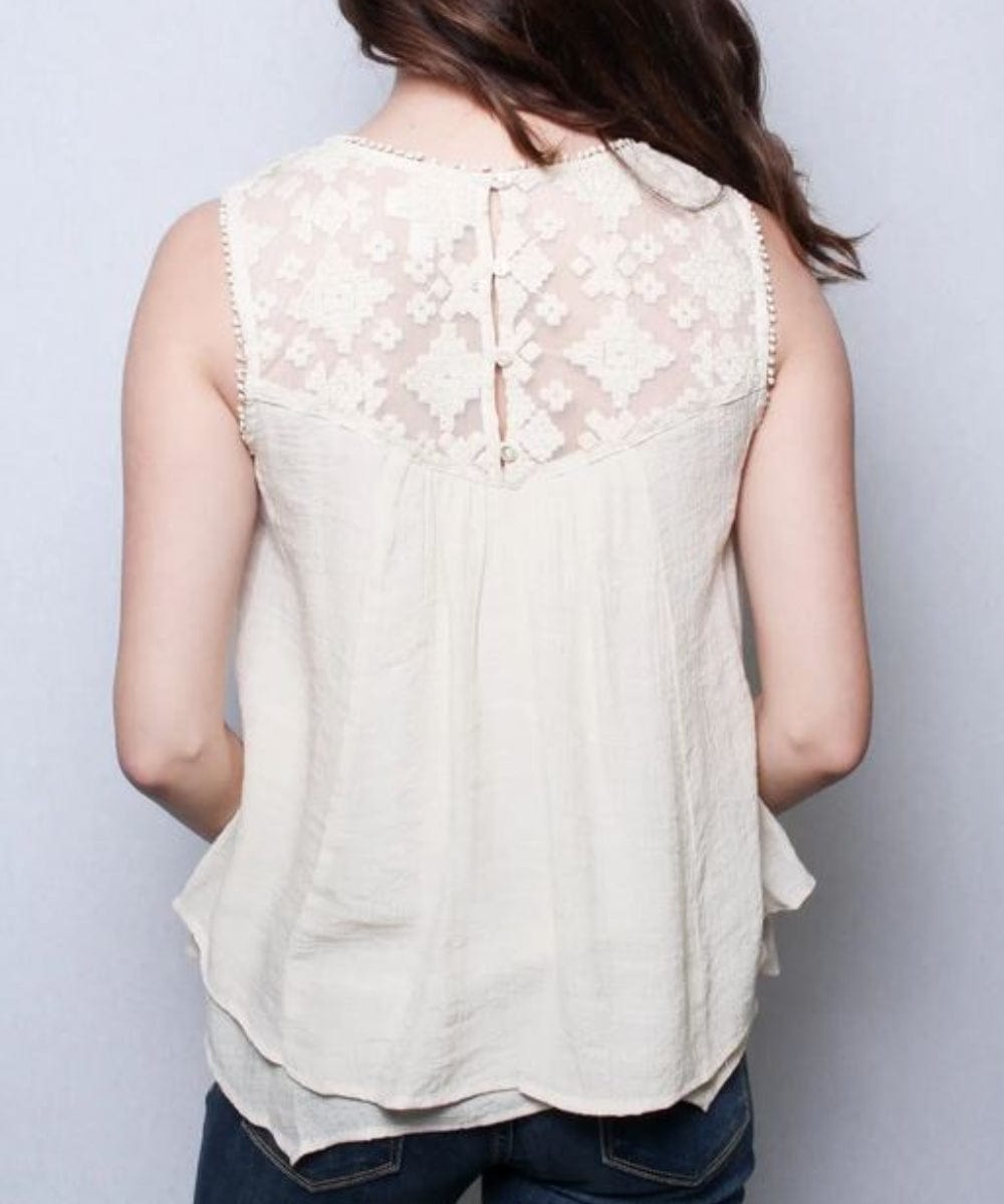 FORtheFIT Womens-petite-tops NEW Petite Women's Top - Women's Petite Tiered Handkerchief Hem Lace Embellished Sleeveless Top - Creme