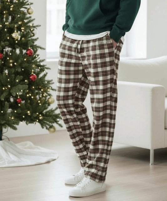 Short men’s Ivory Holiday plaid flannel pajama bottoms with short inseam fit