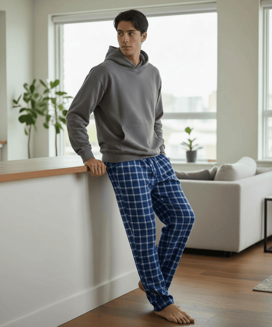 Short men’s royal blue plaid flannel pajama bottoms with short inseam, elastic waist and drawstring