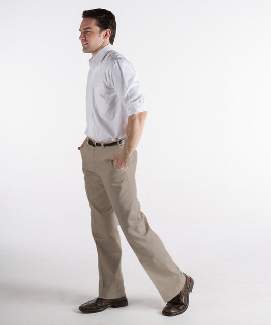FORtheFIT mens-short-casual pant 36 / 28 'Dylan' Flat-Front Cotton Twill Self-Sizer Chino Short Rise Men's Pants - KHAKI