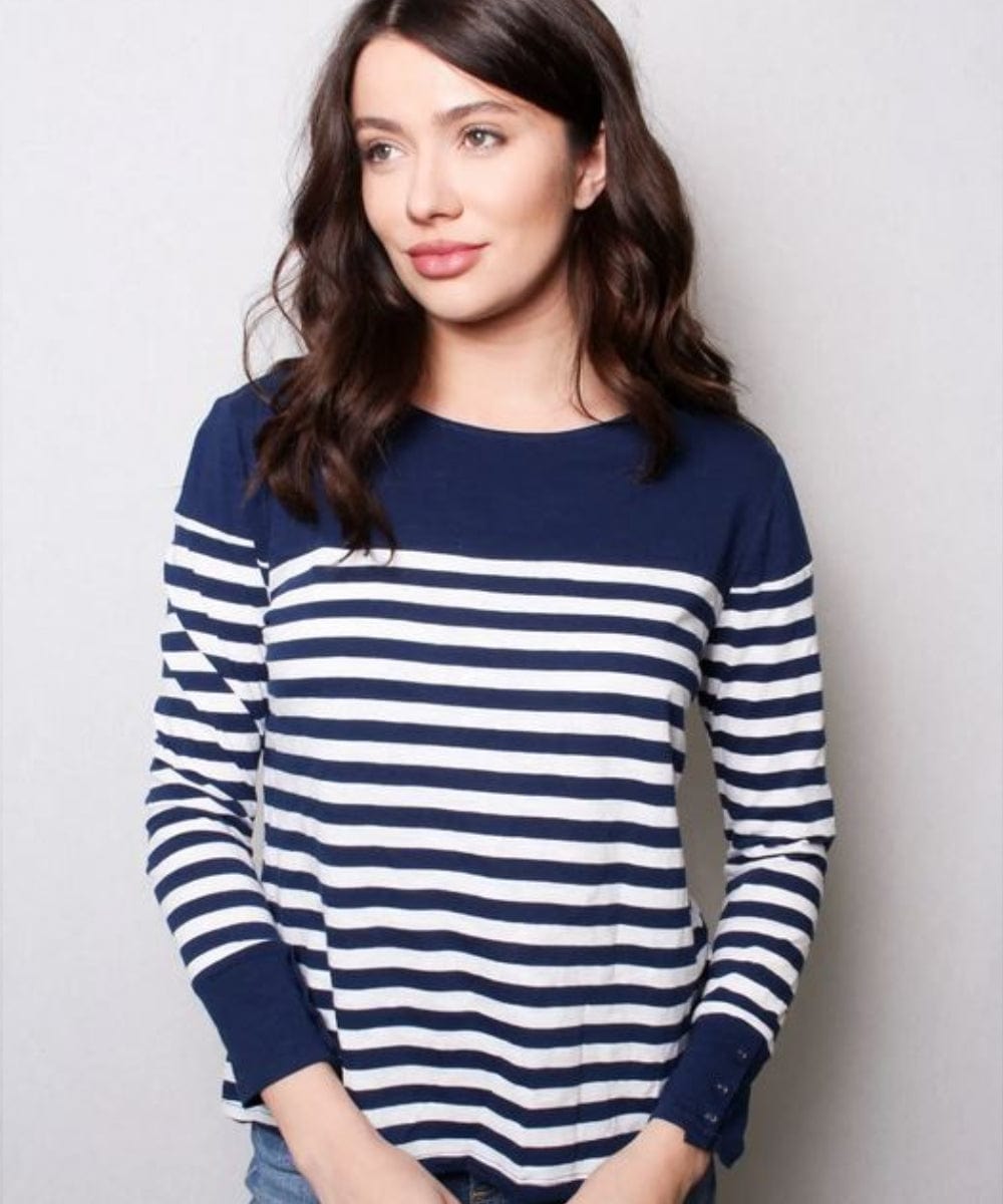 Ladies blue and store white striped shirt