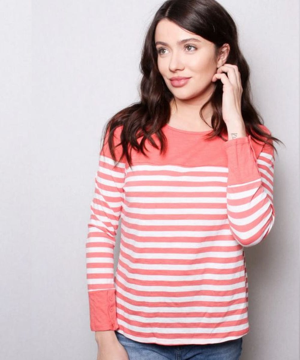 FORtheFIT Womens-petite-tops PS NEW Petite Women's Top - Women's Petite Round Neck Long Sleeve Striped Shirt - Coral