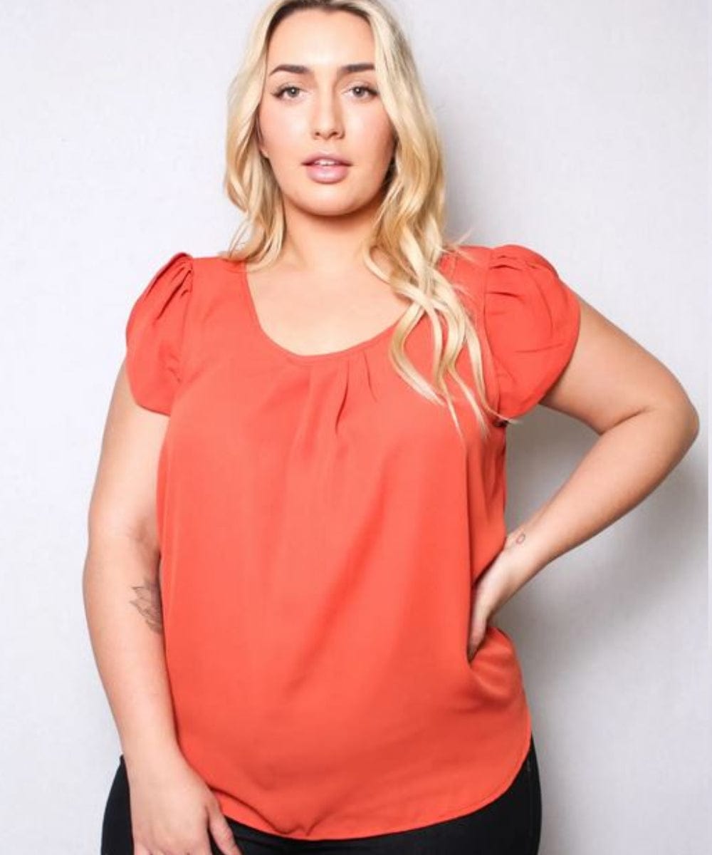 Tall Women's Plus Size Cap Sleeves Round Neck Pleated Front Top