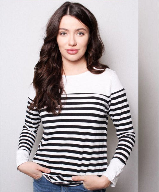 FORtheFIT Womens-tall-shirts PS NEW Petite Women's Top - Women's Petite Round Neck Long Sleeve Striped Shirt - Black